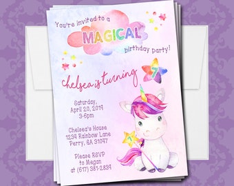 Rainbow Unicorn Birthday Invitation - Magical Birthday - 5x7 - Digital File or Printed & Shipped w/White Envelopes