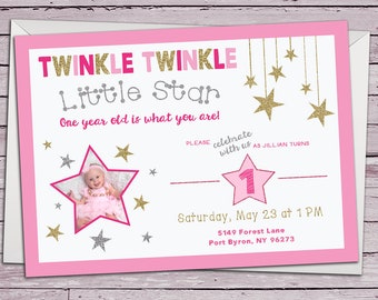 Twinkle Little Star Birthday Invitation - Twinkle Twinkle Little Star Glitter Invite