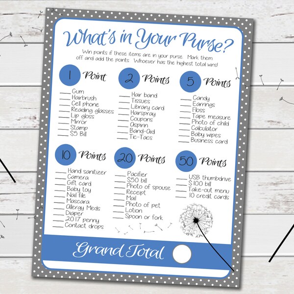 What's in Your Purse? Baby Shower Game - Ultrasound Dandelion Wish Baby Boy Shower - Blue and Gray Polka Dot