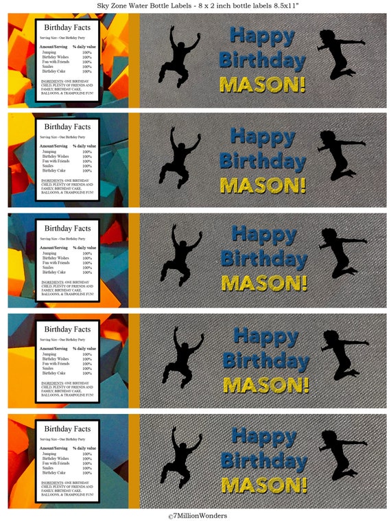 Sky Zone Water Bottle Labels Trampoline Birthday Party