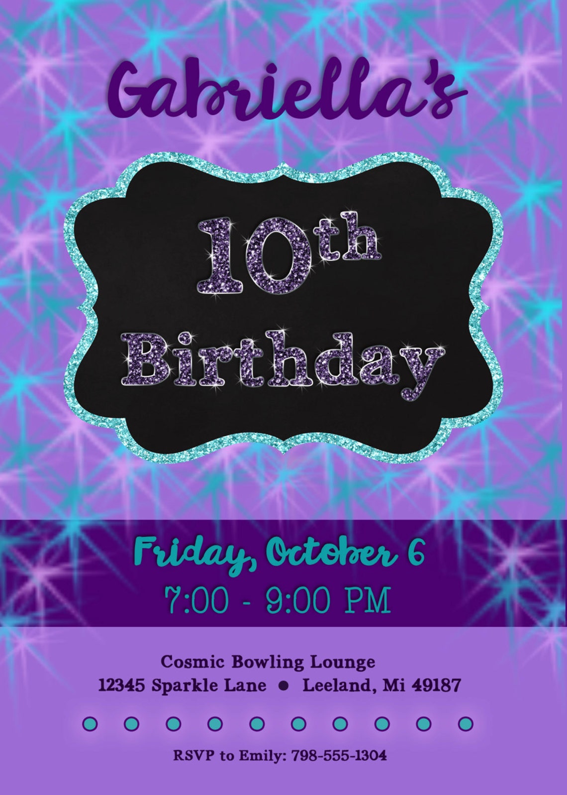 10th Birthday Invitation Glitter Purple & Teal Etsy UK
