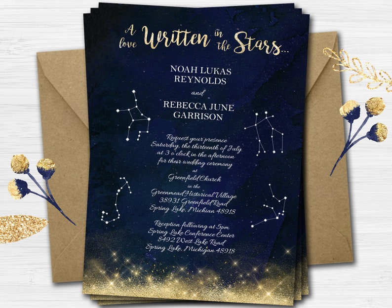 Constellation Written in the Stars Wedding Invitation in Navy & Gold Digital File or Printed Cards Shipped w/White Envelopes Kraft Extra image 1