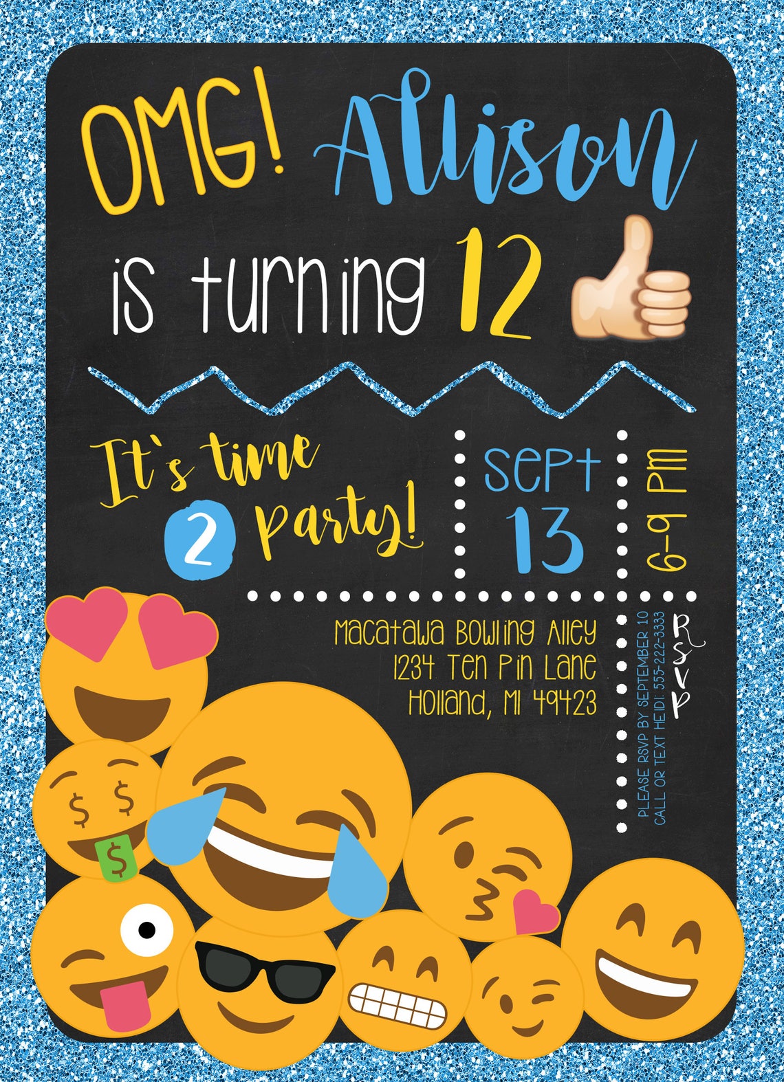 Emoji Poop Glitter Blue Invitation Birthday Invite Chalkboard ...