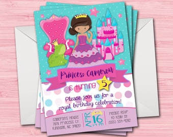 Princess Crown Frog Birthday Party Invitation - Teal, Pink, Purple - Double-Sided Image - Digital or Printed & Shipped with White Envelopes