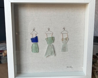 Arte de vestido con vidrio marino enmarcado: decoración costera hecha a mano con caja de sombras