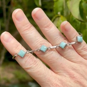 925 Sterling silver square bezel set link Larimar stone bracelet. 7.44g. 7”
