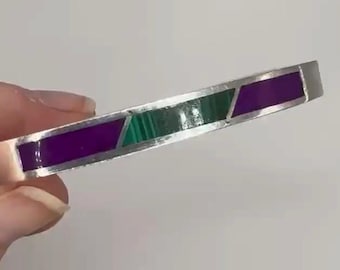 950 Taxco Sterling Silver Malachite and Sugalite inlay hinged Vintage Bracelet size 7", 32.6g