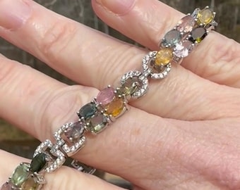 925 Sterling silver oval link tourmaline and white quartz vintage tennis Bracelet- 7",  17.68g