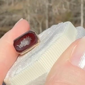 Pu&ograve; includere: Un anello rettangolare dorato con una pietra rossa. La pietra presenta un'incisione bianca dettagliata di una mano che tiene una torcia. L'anello &egrave; tenuto contro una superficie bianca strutturata.