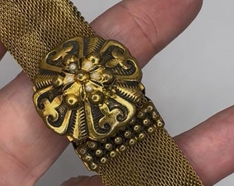 Victorian gold filled, pearl medallion mesh slider and tassel bracelet. 7”.