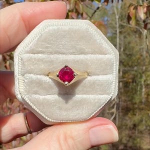 May include: A gold ring with a vibrant red gemstone, set in a square shape. The ring is displayed in a light gray velvet ring box. The background features a blurred view of trees and foliage.