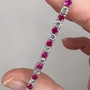 925 Sterling Silver Ruby and CZ tennis Link Vintage Bracelet: 7”, 9.63g