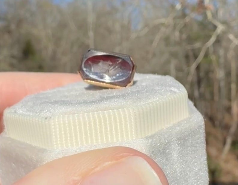 Pu&ograve; includere: Un anello rettangolare con una fascia dorata e una pietra trasparente incisa. La pietra ha una tonalit&agrave; rossa e presenta un'incisione dettagliata. L'anello &egrave; appoggiato su una superficie bianca strutturata.