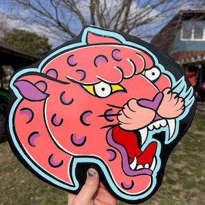 Tattoo Style Pink Cheetah Hand Painted Sign Tattoo Shop Decor
