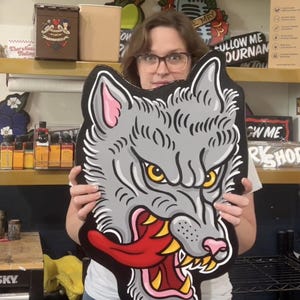 Wolf Kopf Tattoo Style Handgemalte Schild Wandkunst
