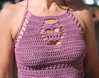 Cute Skull Tank Top | 100% Cotton Lace-Up Crochet Top | Spooky Mauve Pink Sweater Tank | Adjustable Size Crochet Tank