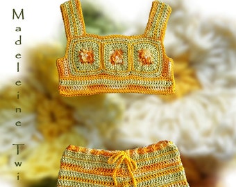 Boho Girls Summer Twinset.  Easy crochet, no knit granny square top and shorts/hot pants.  CROCHET PATTERN ONLY. Sizes 2-3, 3-5.