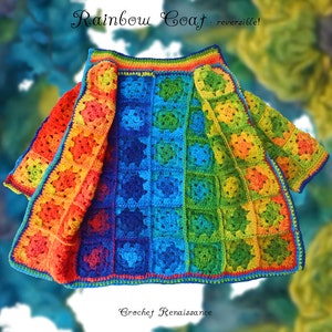Granny Square Rainbow Coat Jacket Reversible. Sizes 1-2, 3-4, 5-6, 7-9 yrs. PATTERN only. Girls & Toddler Easy Crochet Pattern. No Knit.