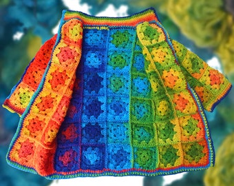 Granny Square Rainbow Coat Jacket Reversible. Sizes 1-2, 3-4, 5-6, 7-9 yrs. PATTERN only. Girls & Toddler Easy Crochet Pattern. No Knit.