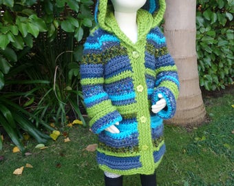 Winter Hooded Coat - Sizes 2-3, 4-5, 6-8. Crochet Pattern only.  Girls & Boys Winter thick, snugly coat.  Detachable hood.