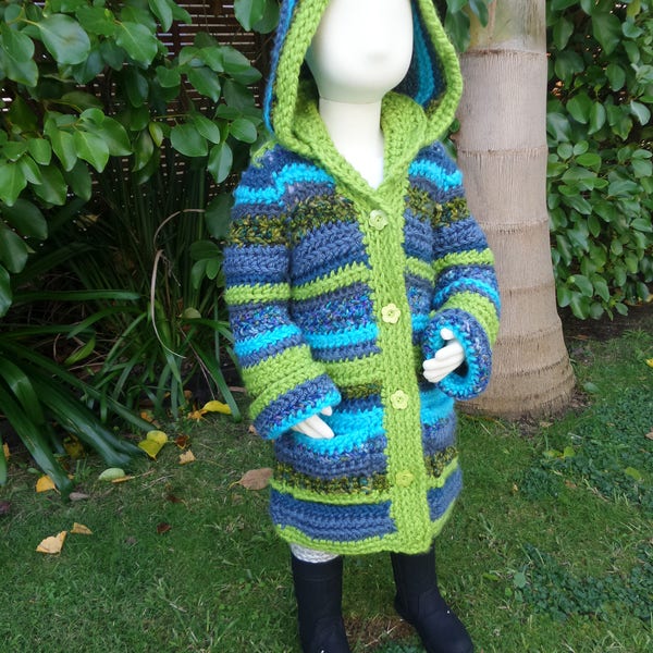 Winter Hooded Coat - Sizes 2-3, 4-5, 6-8. Crochet Pattern only.  Girls & Boys Winter thick, snugly coat.  Detachable hood.