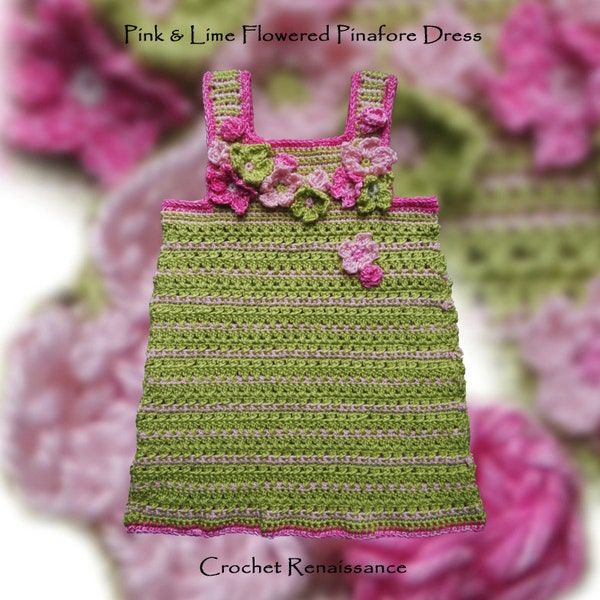 CROCHET Flowered Pink & Lime DRESS PATTERN - Girl/Toddler Crochet dress Sizes 1-2, 3-4 yrs.  No knit, easy crochet pattern. Spring flowers.