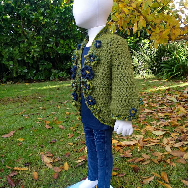 Crochet Lucia Long Bolero - Girls sizes 2-4, 5-7 yrs.  Crochet Pattern Only.  Winter Flowered Bolero. Easy Crochet - No knit.