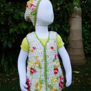 Gilet & Bonnet Enfant PATRON AU CROCHET. Ensemble de chapeau de gilet de fleur de printemps pour tout-petits/filles. Non Tricot 2-4, 5-7 ans. Veste et chapeau au crochet.