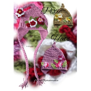 Puede incluir: Dos gorros de duende de ganchillo con adornos florales. El gorro más grande es rosa con una trenza larga y es para bebés de 9 a 18 meses. El gorro más pequeño es marrón y es para recién nacidos. Los gorros están etiquetados como "Pixie Hats".