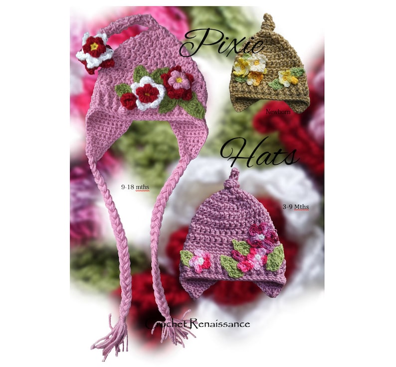 Flower Pixie Hats CROCHET PATTERN. Sizes Newborn, 3-9 Mths, 9-18 Mths ...