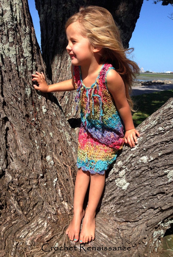Crochet Girls Shiloh Bouclé Dress. CROCHET PATTERN ONLY - Sizes 2-3, 3-5 yrs. Summer crochet dress. No knit, easy crochet.  Flowing & Fun.