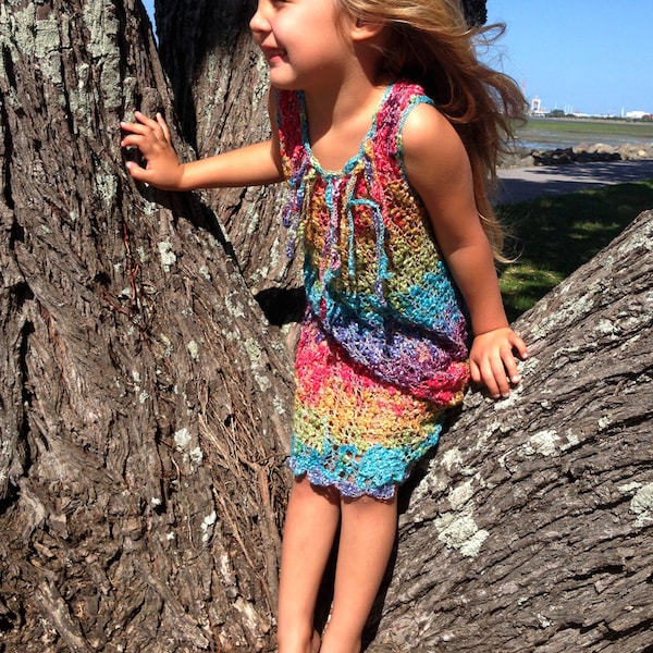 Crochet Girls Shiloh Bouclé Dress. CROCHET PATTERN ONLY - Sizes 2-3, 3-5 yrs. Summer crochet dress. No knit, easy crochet.  Flowing & Fun.