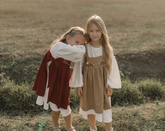 Linen cottagecore flower girl dress Toddler embroidery apron dress Boho flower girl dress Prairie dress Puff sleeve birthday girl dress