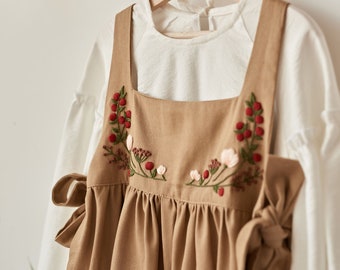 Linen cottage flower girl dress Birthday girl dress Toddler cottagecore pinafore dress Boho flower girl dress Prairie cottage core dress