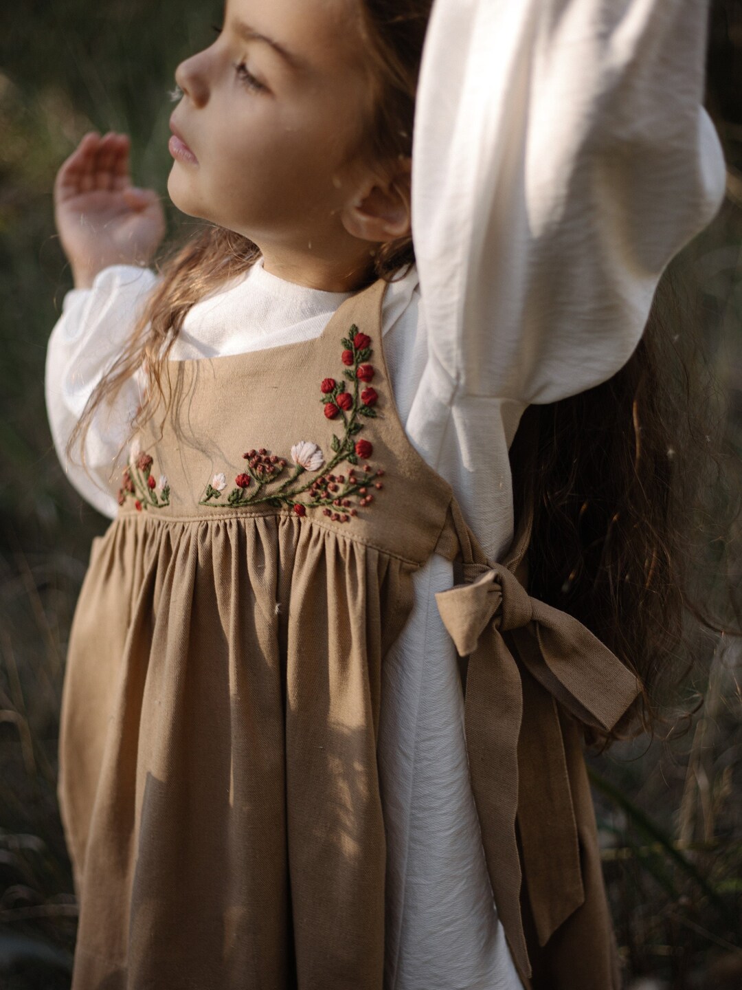 Linen Flower Embroidery Apron Dress Cottagecore Pinafore Dress Toddler