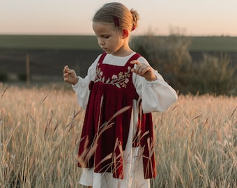 Linen apron dress toddler Boho flower girl dresses Embroidery pinafore dress Cottagecore birthday girl dress Linen apron girls dress