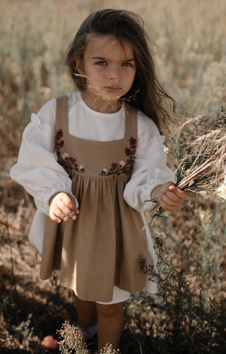 Flower Emroidery Pinefore Dress Linen Prairie Easter Dress Girl