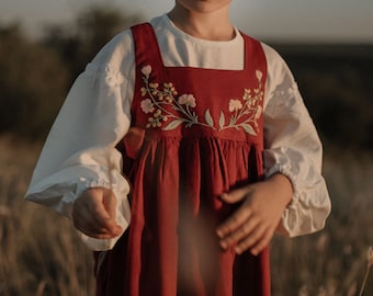 Linen flower embroidery apron dress Cottagecore pinafore dress toddler girl Prairie apron dress for girls Lienen boho flower girl dress