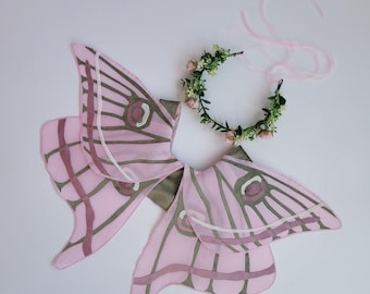 Pink Green organza fairy wings Kids butterfly wings costume Fairytale costume for toddler Fairycore floral headpies Fairy gown for girls