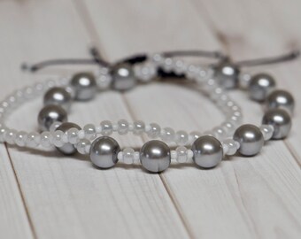 Bracelet Perles Tissées Gris Réglable à Nœuds Coulissants - Fait Main, Style Bohème