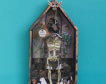 Found Objects Skeleton Figure Vignette Shelf - Collage Art - Vintage Art Decor - Oddities and Curiosities - Curio Cabinet - Gothic - Witchy