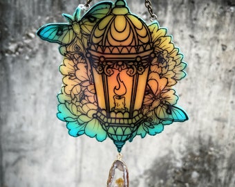 Lantern moth and peony flower resin wall hanging - agate geode slice citrine crystal pendant