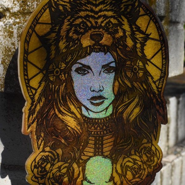 Tocado Mujer Holographic Resina Pared Colgante - Sun Catcher - Nativo Americano - Arte de resina - Diosa - Cráneo