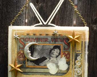 Vintage Playboy Magazine Retro TV Wall Art – Resin Collage Frame – 1966 Model Ephemera – Moon Star Celestial Wall Hanging Decor