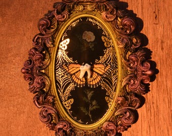 Tooth Fairy Ornate Frame – Real Coyote Tooth, Monarch Butterfly & Gold Accented Background Small Wall Hanging