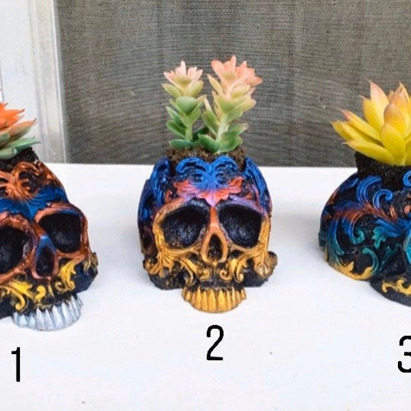 Plantador de cráneo suculento, decoración gótica gótica del jardín del hogar, decoración espeluznante, arte hecho a mano de la resina del cráneo, olla de cráneo personalizada, cráneo de cactus