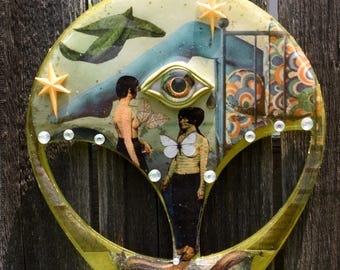 Psychedelic Alien Head Resin Wall Hanging– Vintage Playboy Collage Art – Retro Third Eye – Butterfly & Moth Surreal Object