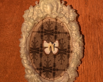 Tooth Fairy Butterfly Pearl Ornate Frame – Real Coyote Tooth & Art Nouveau Collage Vintage Small Wall Hanging