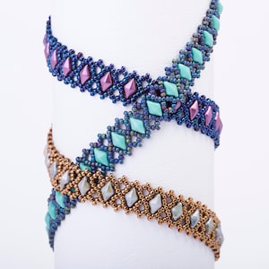 Diamond Lace Bracelet Pattern using DiamonDuo or GemDuo  and Seed Beads  - PDF Tutorial Beading
