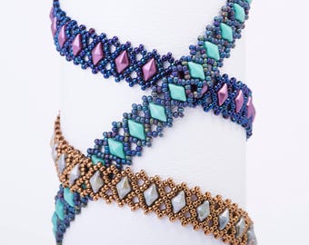 Diamond Lace Bracelet Pattern using DiamonDuo or GemDuo  and Seed Beads  - PDF Tutorial Beading